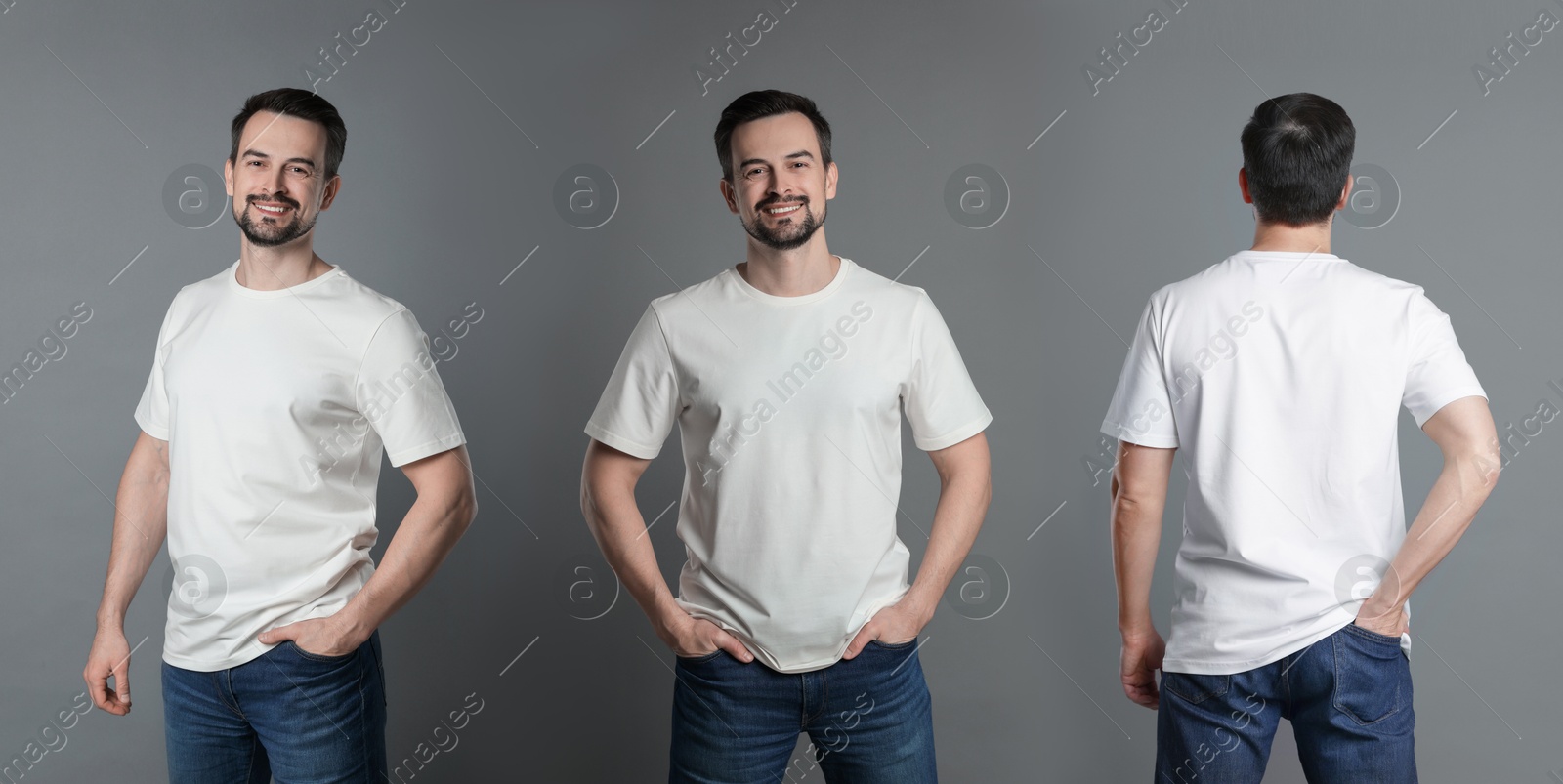 Image of Man in white t-shirt. Collage of photos on grey background. Mockup for design