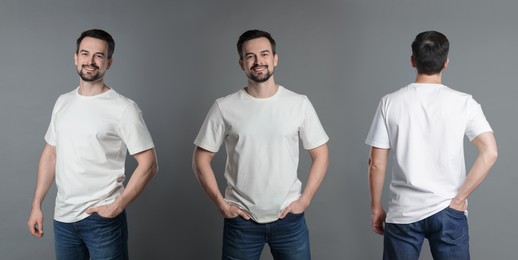 Image of Man in white t-shirt. Collage of photos on grey background. Mockup for design