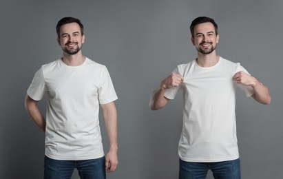 Man in white t-shirt. Collage of photos on grey background. Mockup for design