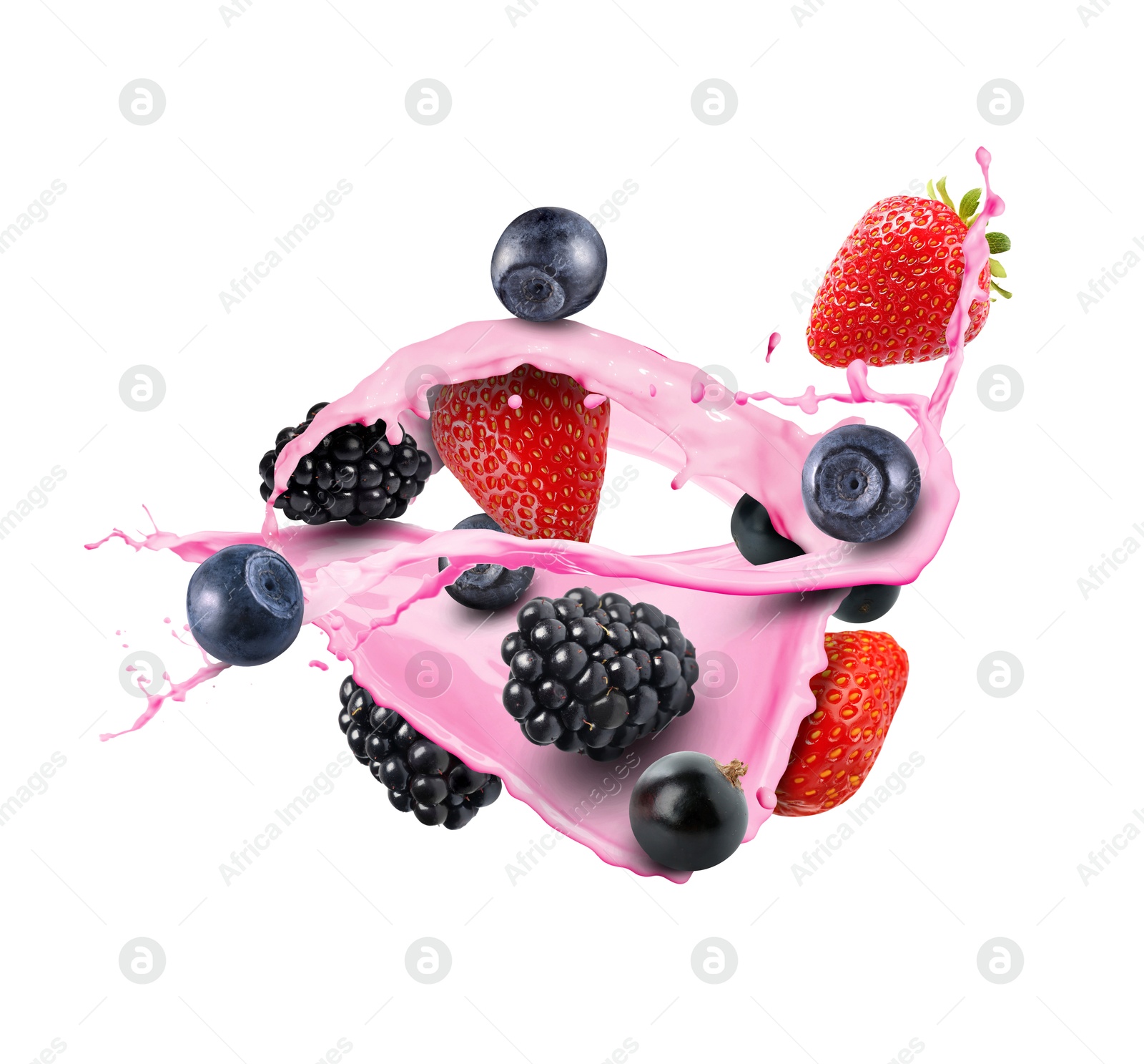 Image of Tasty milkshake with different berries in air on white background