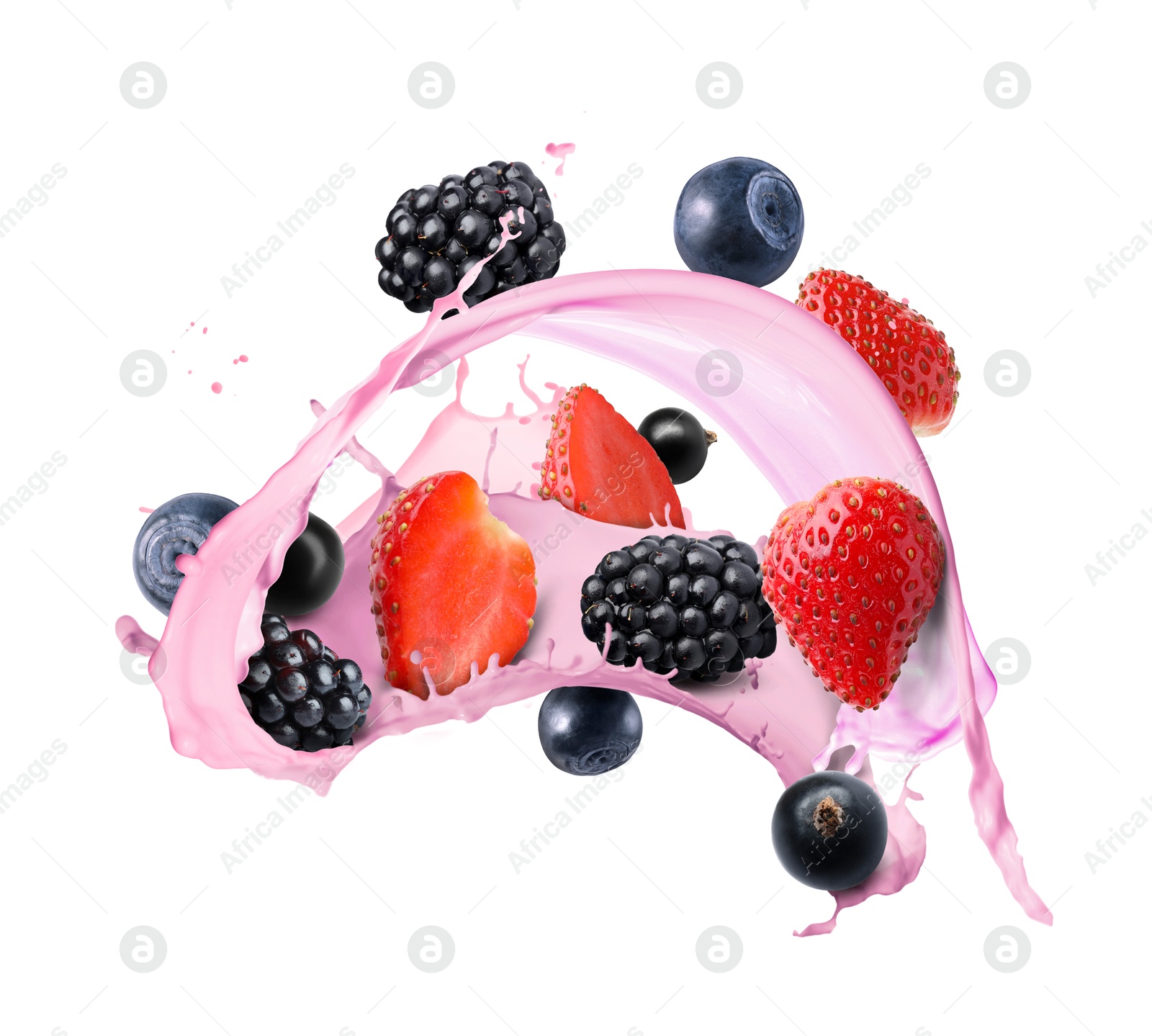 Image of Tasty milkshake with different berries in air on white background