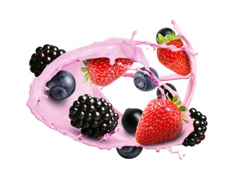 Image of Tasty milkshake with different berries in air on white background