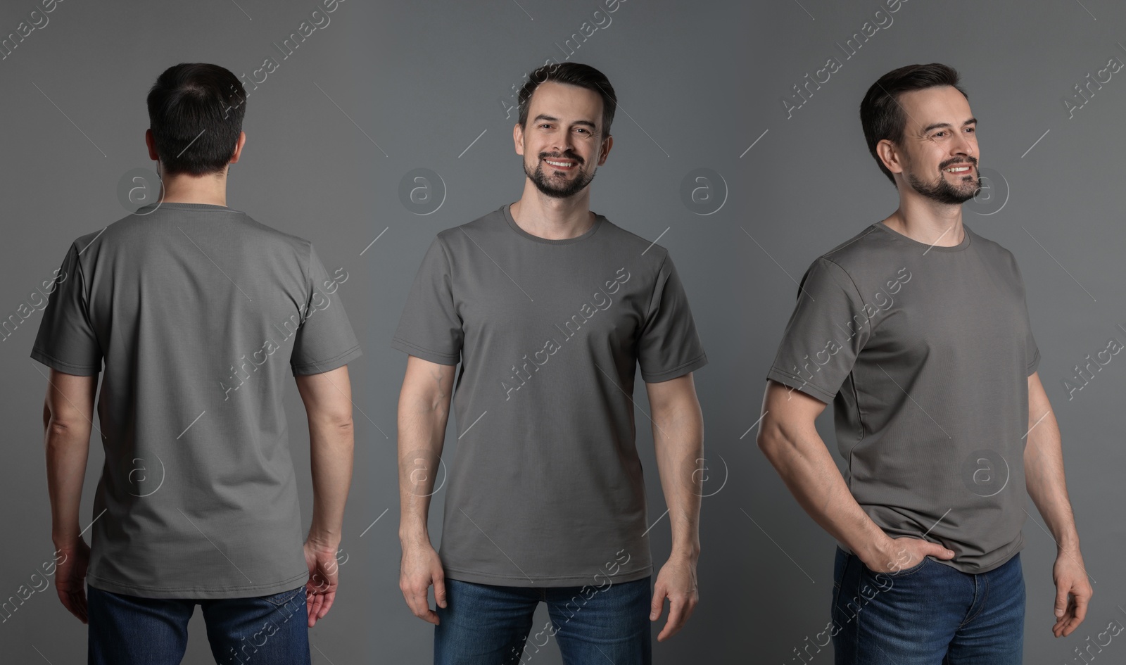 Image of Man in grey t-shirt. Collage of photos on grey background. Mockup for design