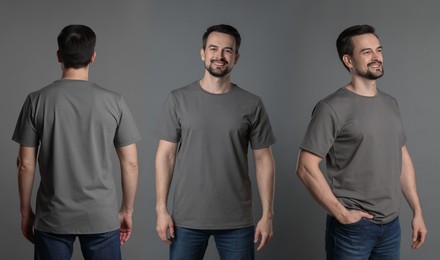 Image of Man in grey t-shirt. Collage of photos on grey background. Mockup for design