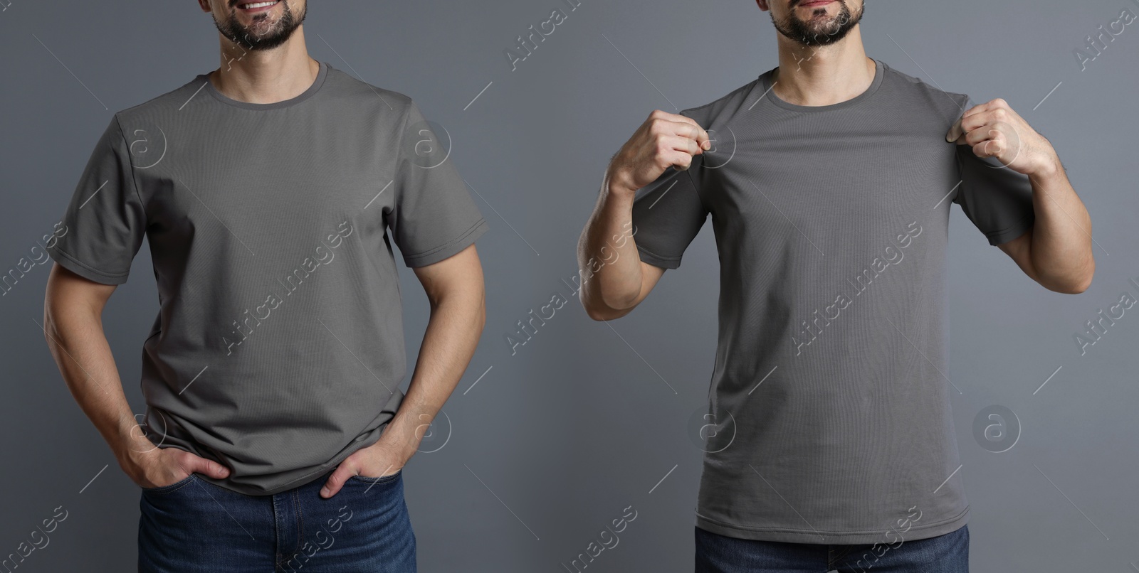 Image of Man in grey t-shirt, closeup. Collage of photos on grey background. Mockup for design