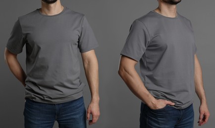 Image of Man in grey t-shirt, closeup. Collage of photos on grey background. Mockup for design