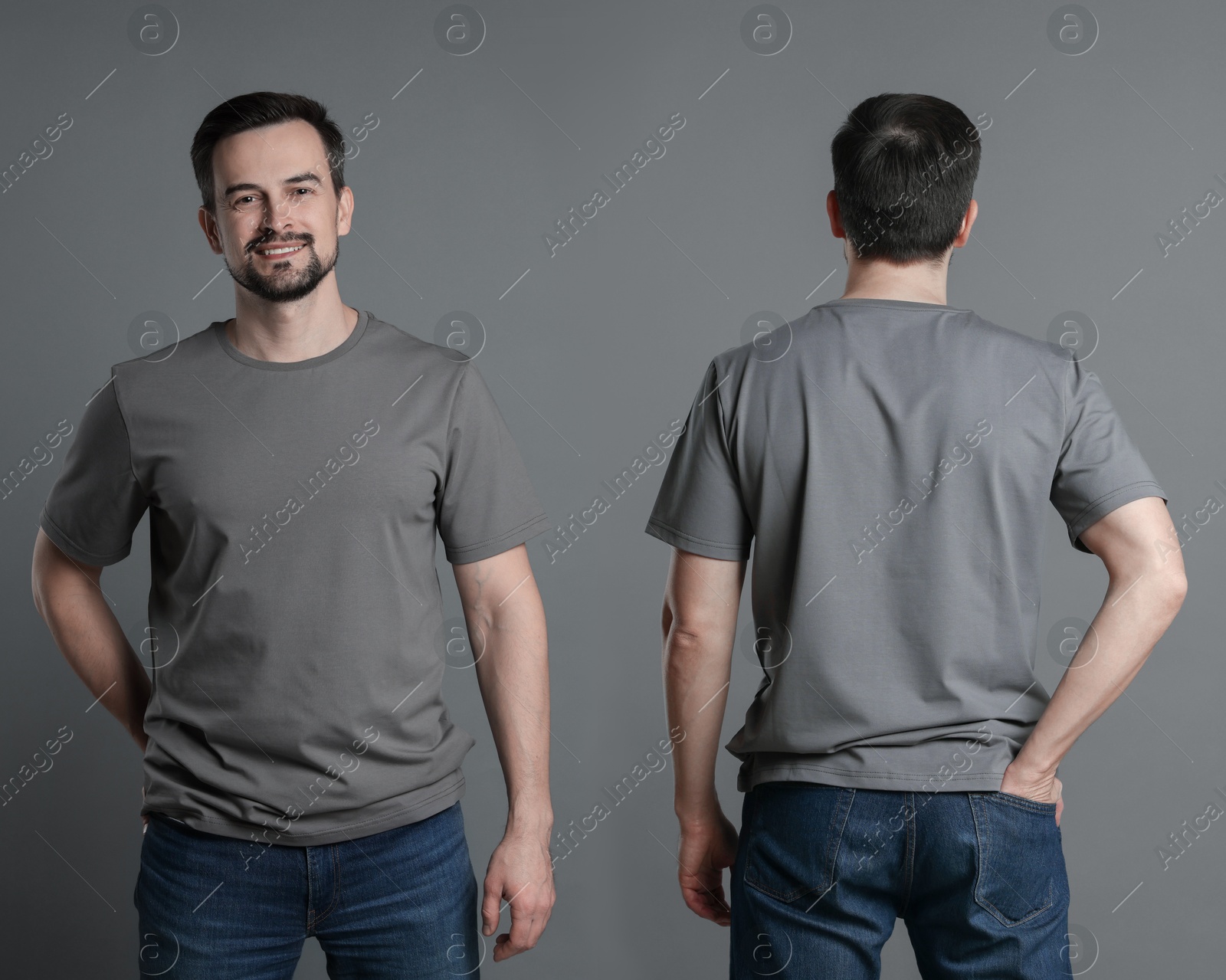 Image of Man in grey t-shirt. Collage of photos on grey background. Mockup for design