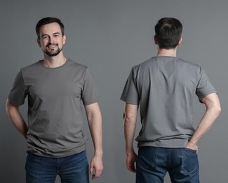 Image of Man in grey t-shirt. Collage of photos on grey background. Mockup for design