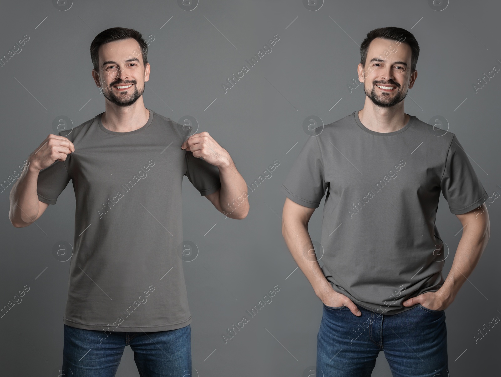 Image of Man in grey t-shirt. Collage of photos on grey background. Mockup for design