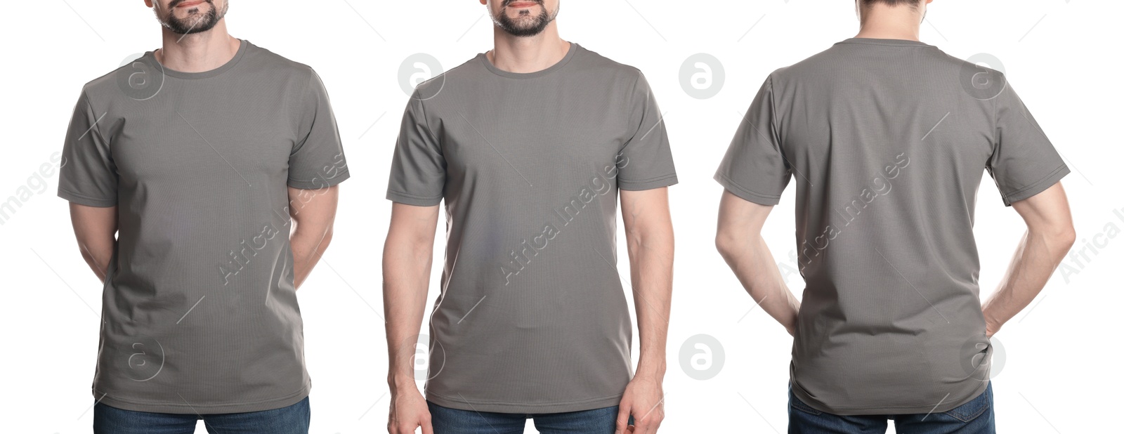 Image of Man in grey t-shirt, closeup. Collage of photos on white background. Mockup for design