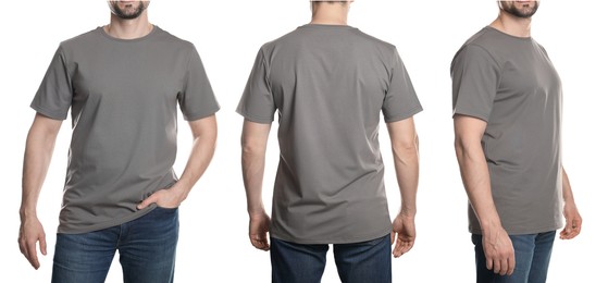 Image of Man in grey t-shirt, closeup. Collage of photos on white background. Mockup for design