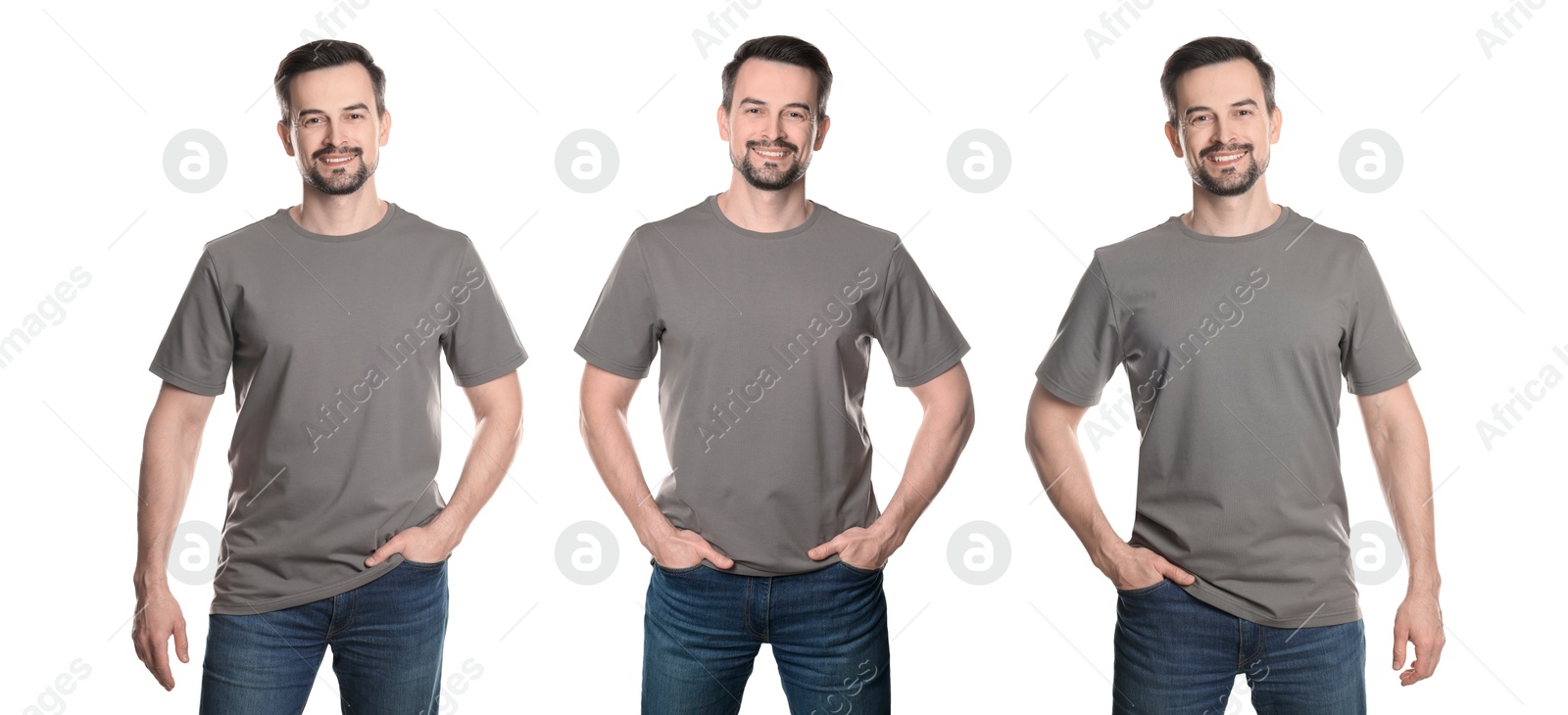 Image of Man in grey t-shirt. Collage of photos on white background. Mockup for design