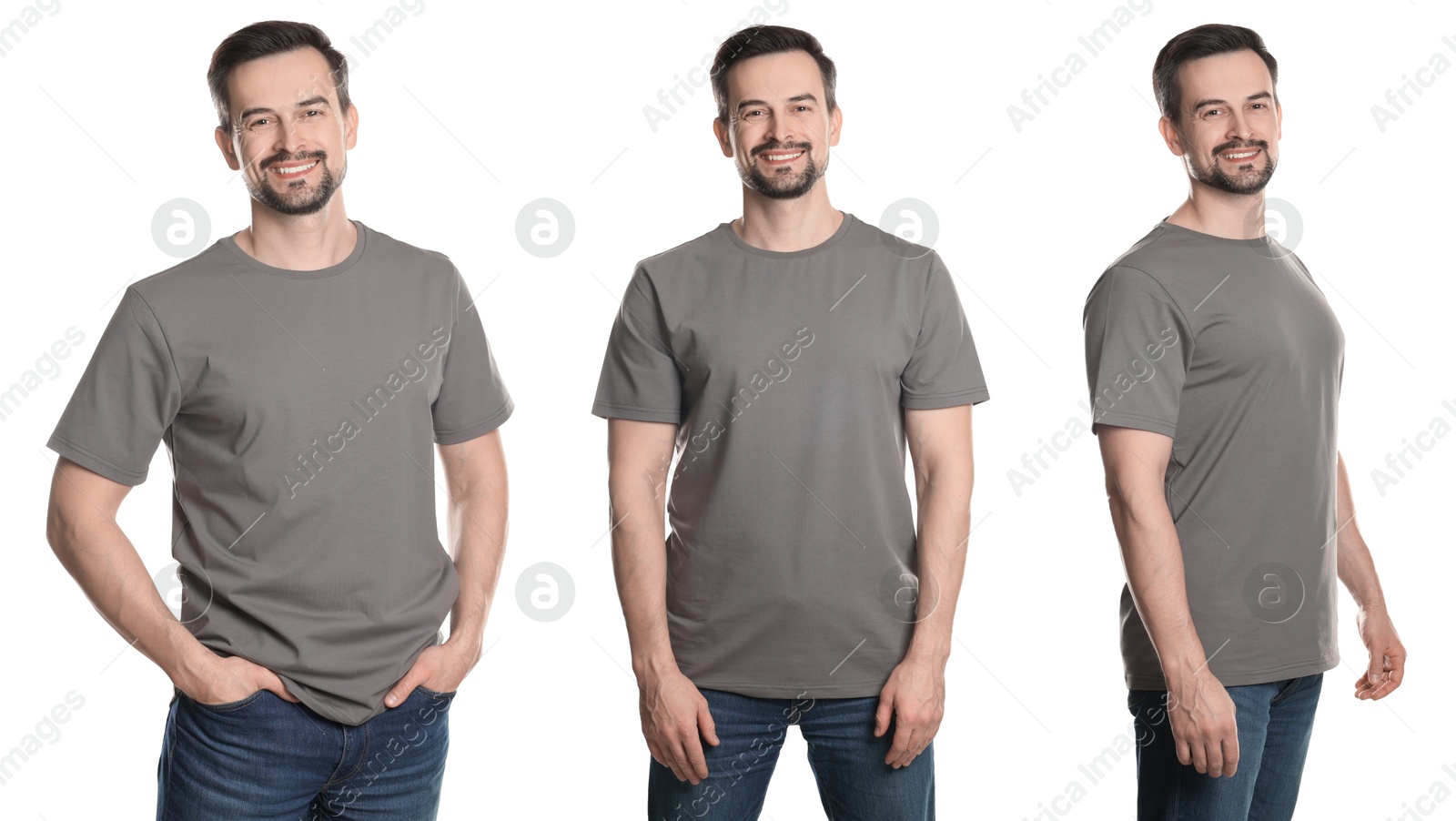 Image of Man in grey t-shirt. Collage of photos on white background. Mockup for design