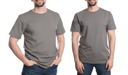 Image of Man in grey t-shirt, closeup. Collage of photos on white background. Mockup for design