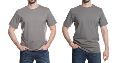 Image of Man in grey t-shirt, closeup. Collage of photos on white background. Mockup for design