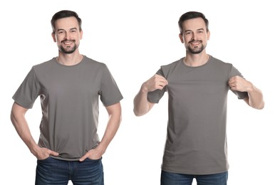 Image of Man in grey t-shirt. Collage of photos on white background. Mockup for design