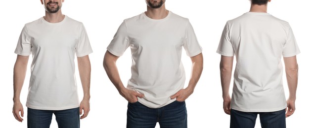 Image of Man in white t-shirt, closeup. Collage of photos on white background. Mockup for design