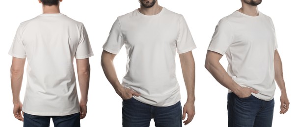 Image of Man in white t-shirt, closeup. Collage of photos on white background. Mockup for design