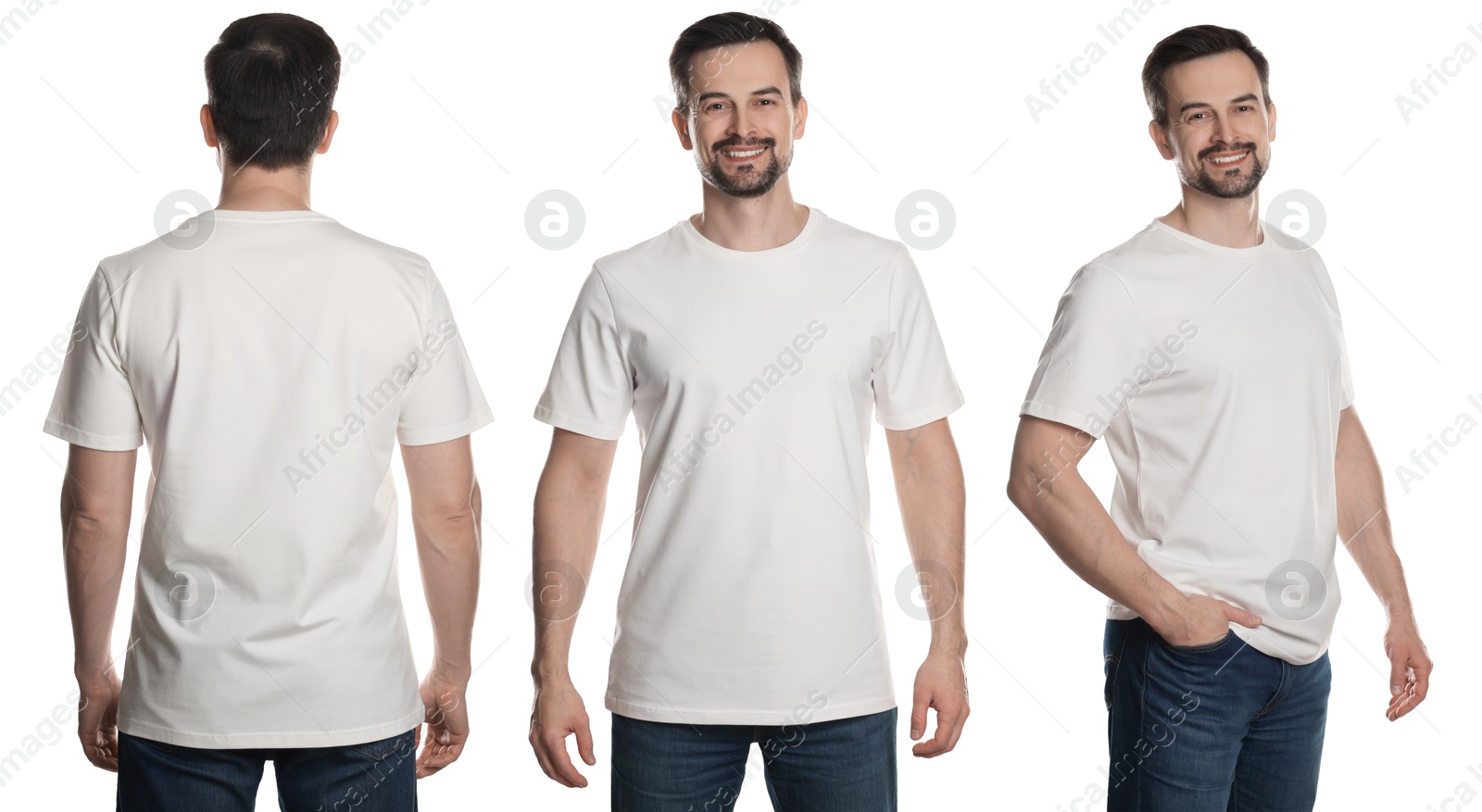 Image of Man in white t-shirt. Collage of photos on white background. Mockup for design