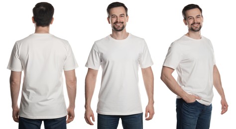 Image of Man in white t-shirt. Collage of photos on white background. Mockup for design