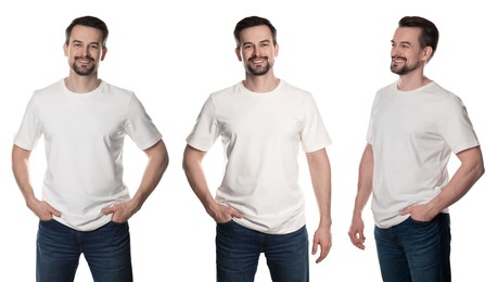 Image of Man in white t-shirt. Collage of photos on white background. Mockup for design