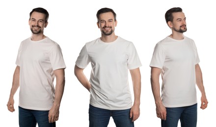 Image of Man in white t-shirt. Collage of photos on white background. Mockup for design