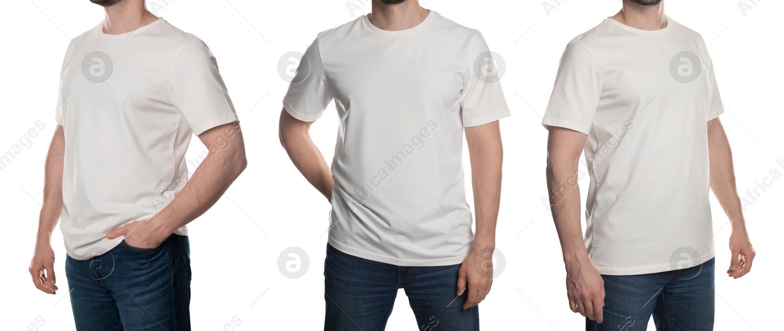 Image of Man in white t-shirt, closeup. Collage of photos on white background. Mockup for design