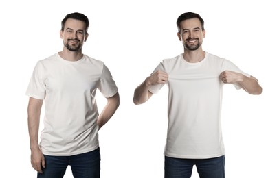 Image of Man in white t-shirt. Collage of photos on white background. Mockup for design