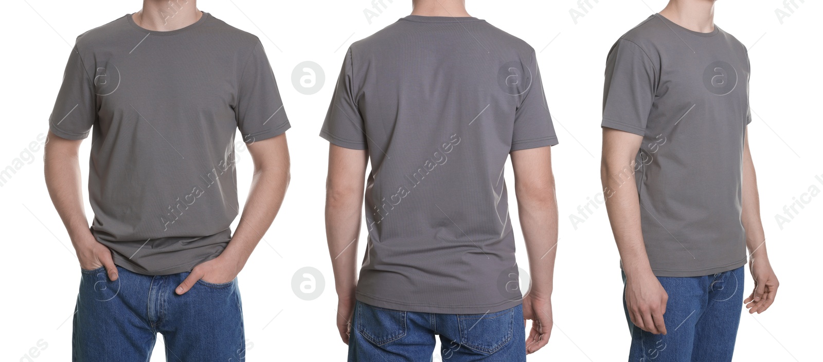 Image of Man in grey t-shirt, closeup. Collage of photos on white background. Mockup for design