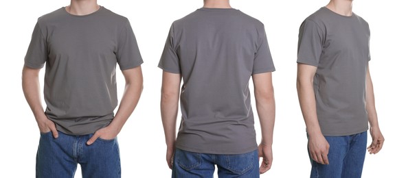 Image of Man in grey t-shirt, closeup. Collage of photos on white background. Mockup for design