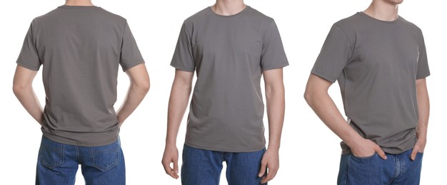 Image of Man in grey t-shirt, closeup. Collage of photos on white background. Mockup for design