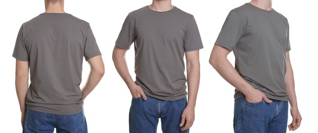 Image of Man in grey t-shirt, closeup. Collage of photos on white background. Mockup for design