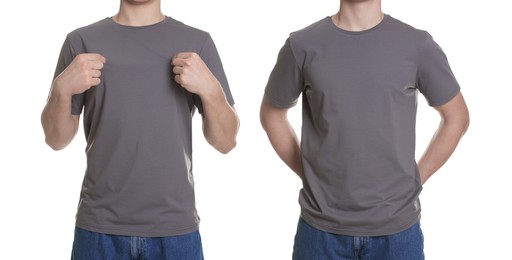 Image of Man in grey t-shirt, closeup. Collage of photos on white background. Mockup for design