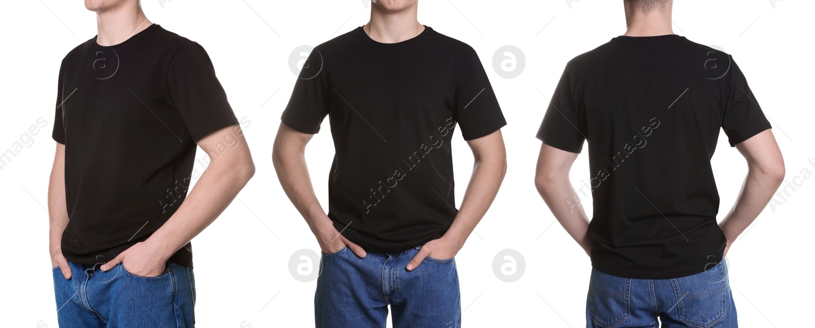 Image of Man in dark brown t-shirt, closeup. Collage of photos on white background. Mockup for design