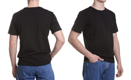 Man in dark brown t-shirt, closeup. Collage of photos on white background. Mockup for design