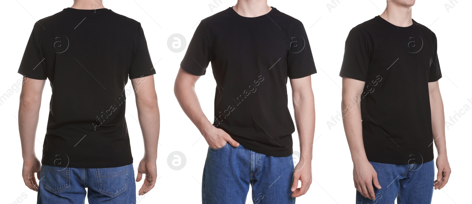 Image of Man in dark brown t-shirt, closeup. Collage of photos on white background. Mockup for design