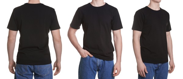 Image of Man in dark brown t-shirt, closeup. Collage of photos on white background. Mockup for design