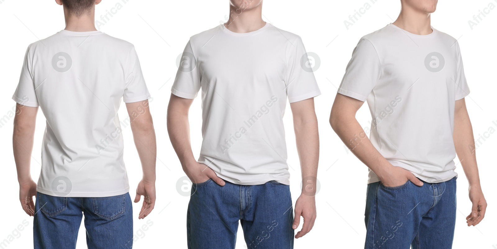 Image of Man in white t-shirt, closeup. Collage of photos on white background. Mockup for design