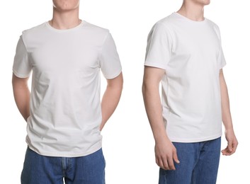 Image of Man in white t-shirt, closeup. Collage of photos on white background. Mockup for design