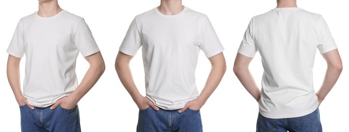 Image of Man in white t-shirt, closeup. Collage of photos on white background. Mockup for design