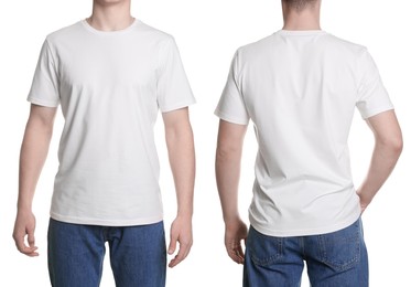 Image of Man in white t-shirt, closeup. Collage of photos on white background. Mockup for design