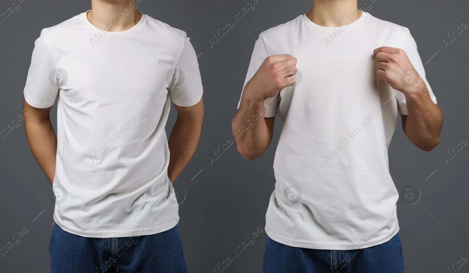 Image of Man in white t-shirt, closeup. Collage of photos on grey background. Mockup for design