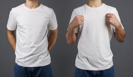 Image of Man in white t-shirt, closeup. Collage of photos on grey background. Mockup for design