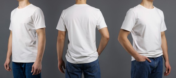 Man in white t-shirt, closeup. Collage of photos on grey background. Mockup for design