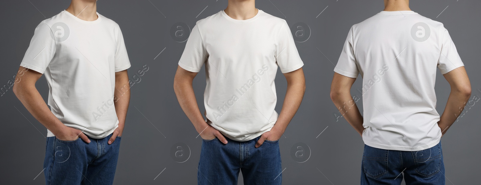 Image of Man in white t-shirt, closeup. Collage of photos on grey background. Mockup for design