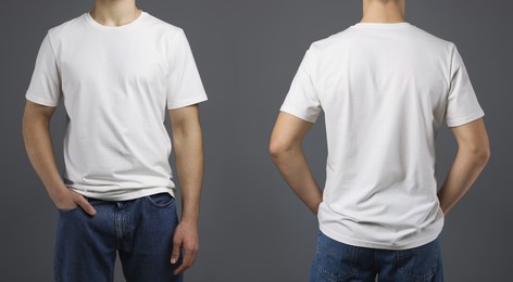 Image of Man in white t-shirt, closeup. Collage of photos on grey background. Mockup for design