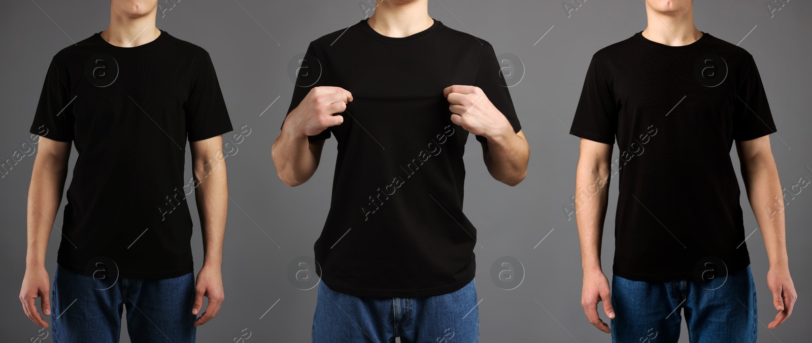 Image of Man in black t-shirt, closeup. Collage of photos on grey background. Mockup for design