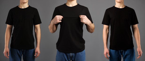 Image of Man in black t-shirt, closeup. Collage of photos on grey background. Mockup for design