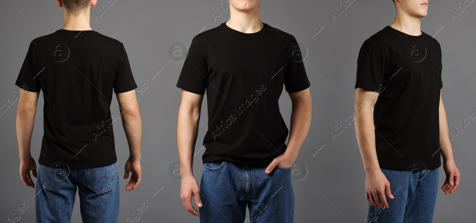 Image of Man in black t-shirt, closeup. Collage of photos on grey background. Mockup for design