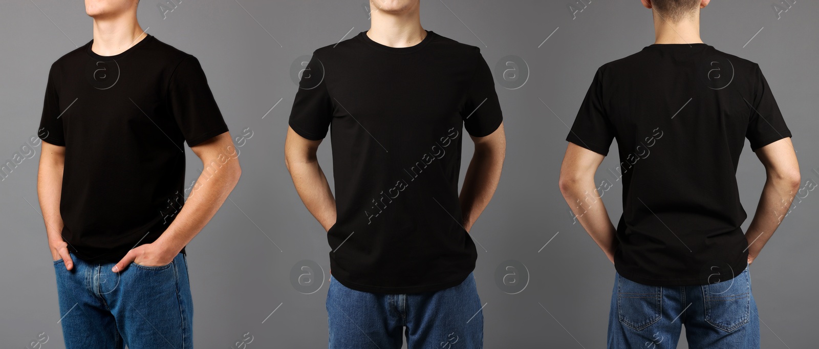 Image of Man in black t-shirt, closeup. Collage of photos on grey background. Mockup for design